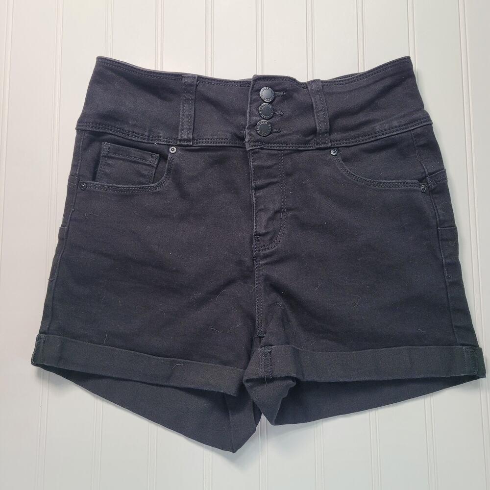 Wax Jeans Womens S High Rise Black Denim Shorts Cuffed Stretch 3 Button Y2K